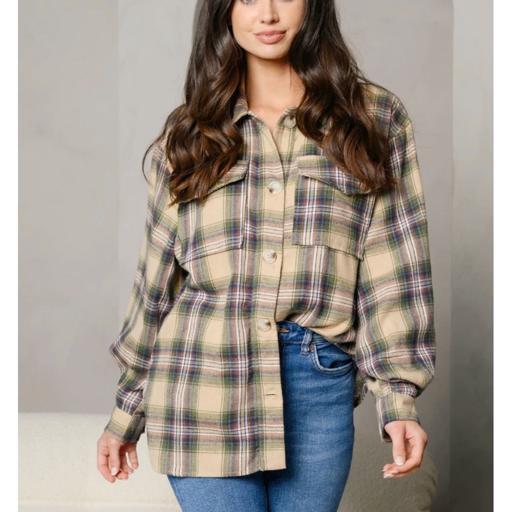 PEACH LOVE CALIFORNIA Oversized Taupe And Olive Plaid Flannel Top - Picture 5 of 6